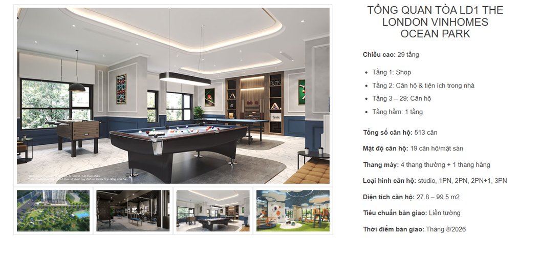 1 PN, Tòa LD1, khu London, Vinhomes Ocean Park