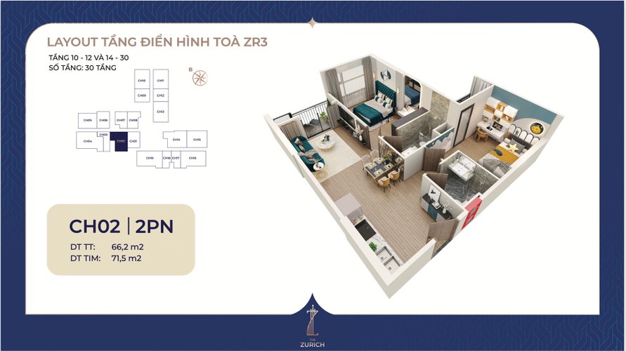2 PN, Tòa ZR3, khu The Zurich, Vinhomes Ocean Park