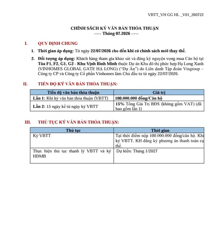 Chính sách ký văn bản thỏa thuận - Tòa F1, F2, G1, G2 - Khu Vịnh Bình Minh - Vinhomes Global Gate Hạ Long