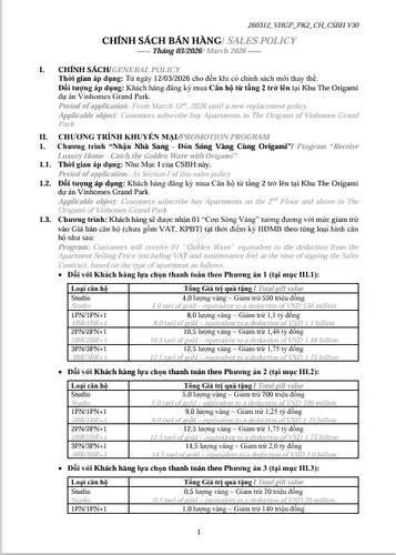 CSBH Khu The Origami - Tháng 3/2026