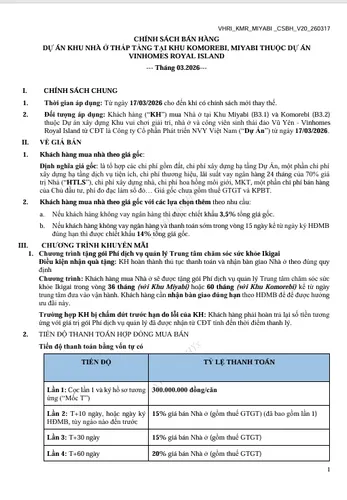 Chính sách bán hàng tháng 3 - Khu nhà ở thấp tầng - Khu Komorebi, Miyabi