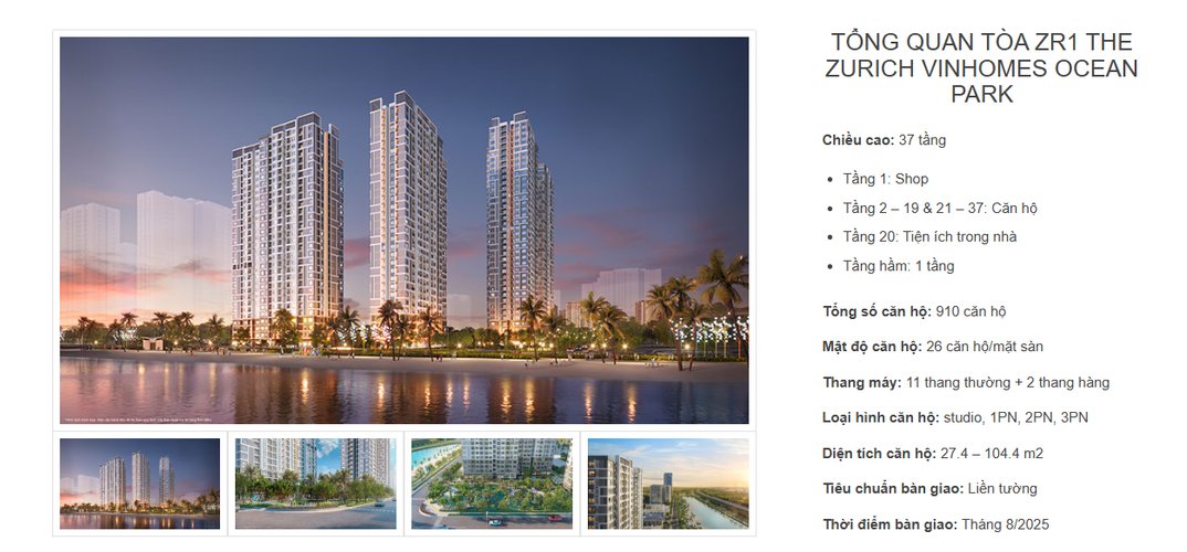Studio, Tòa ZR1, khu The Zurich, Vinhomes Ocean Park