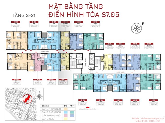 2 PN + 1 (2 Toilet), Tòa S7.05, khu The Origami, Vinhomes Grand Park