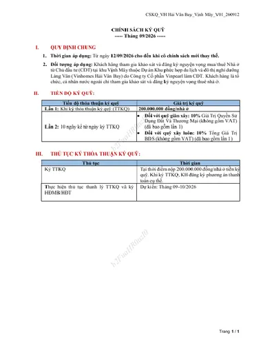 Chính sách ký quỹ tháng 9/2026 - Khu Vịnh Mây - Vinhomes Hải Vân Bay