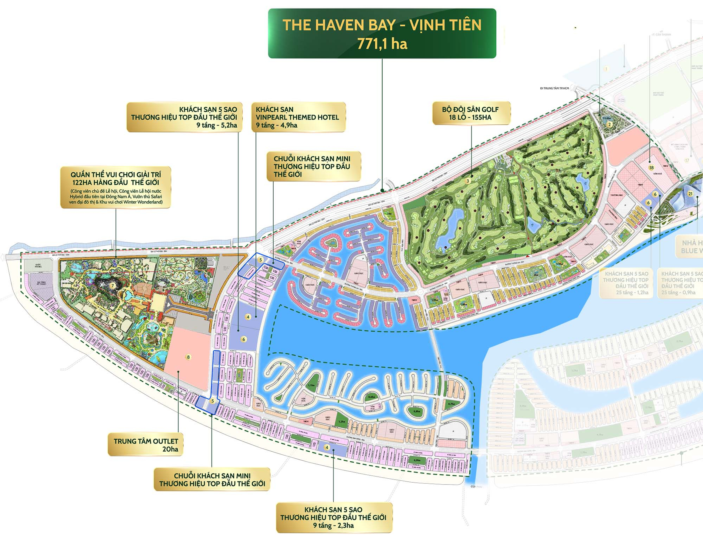 Mặt bằng tổng thể Vịnh Tiên The Haven Bay 771,1 ha với khu sân golf, khu thương mại và hệ thống mặt nước