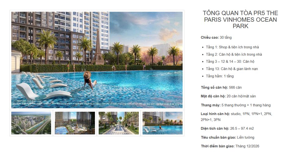 1 PN, Tòa PR5, khu Paris, Vinhomes Ocean Park